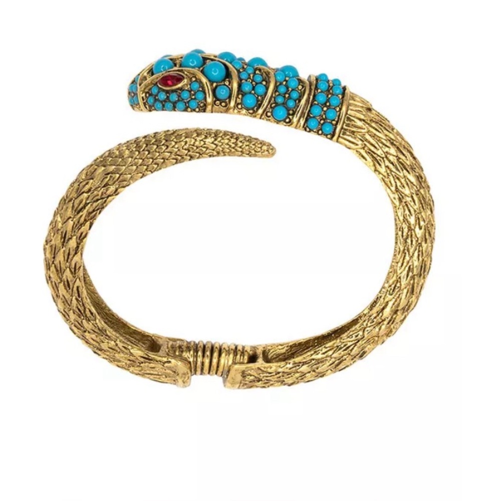 Kenneth Jay Lane KJL Gold Tone Snake Spring Cuff Hinge Bangle Bracelet VTG